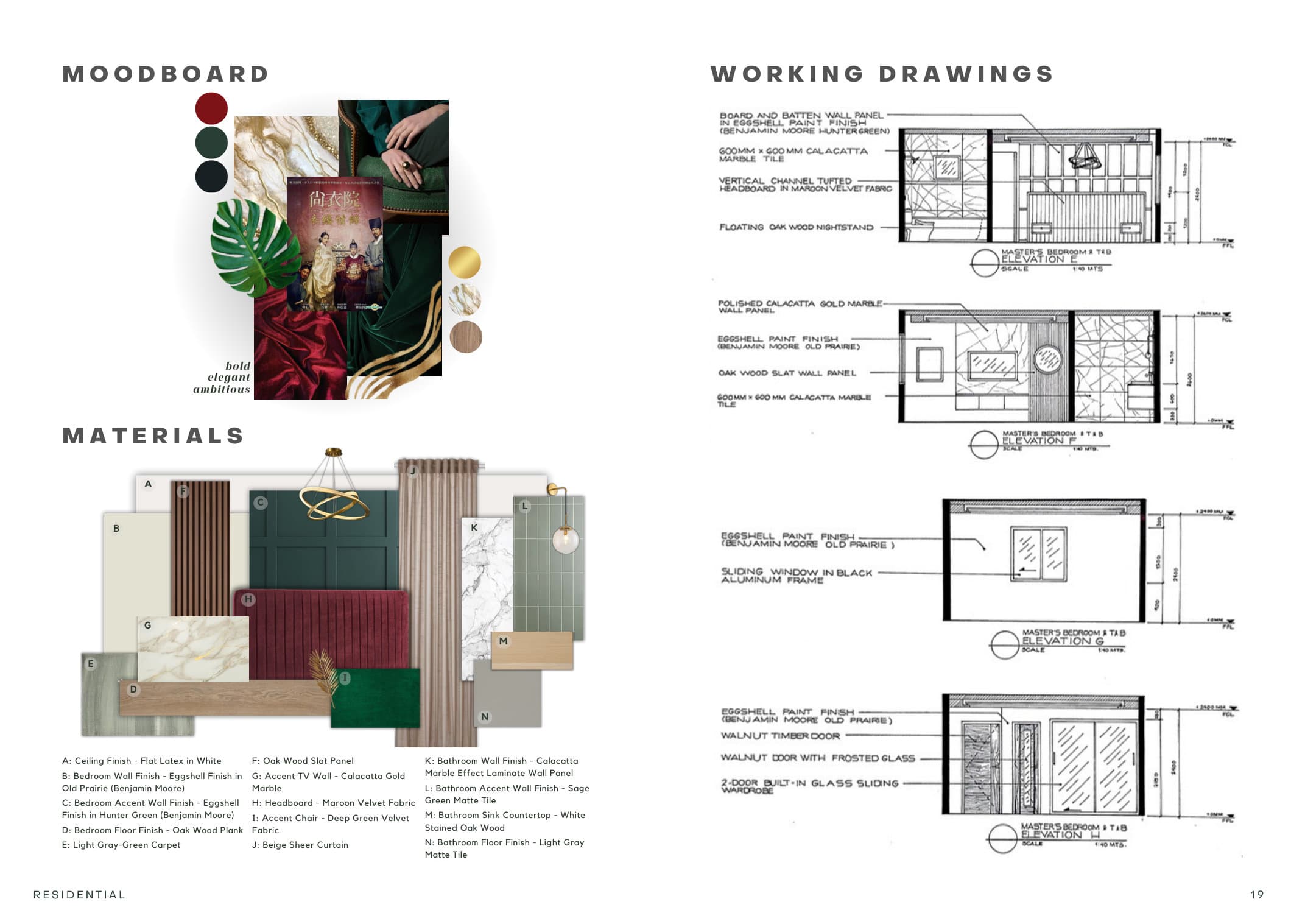 Moodboard, materials, and working drawings for the master suite