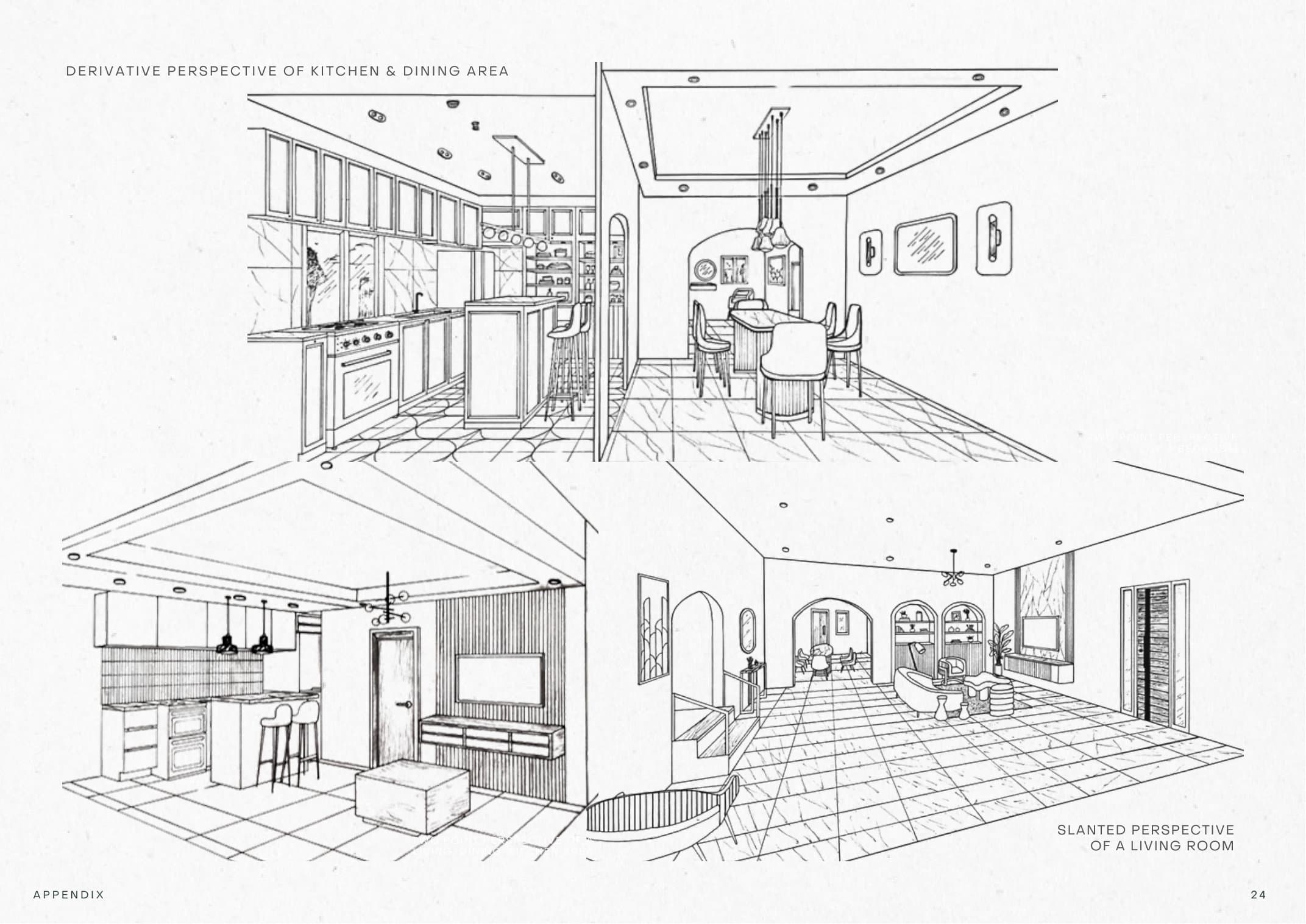 Hand-drawn kitchen and living room perspectives