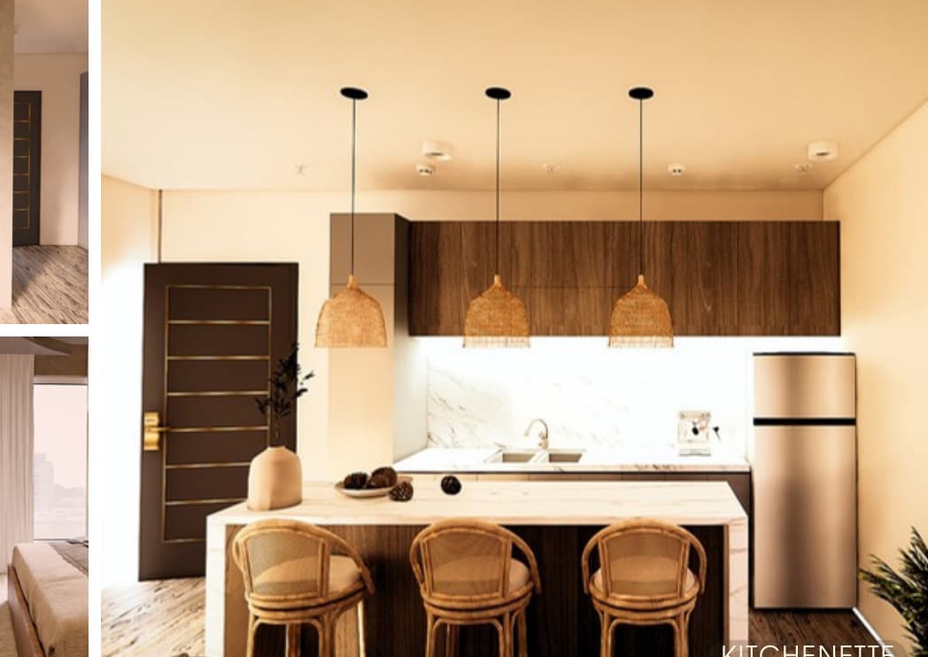 Suite kitchenette with rattan stools and woven pendants