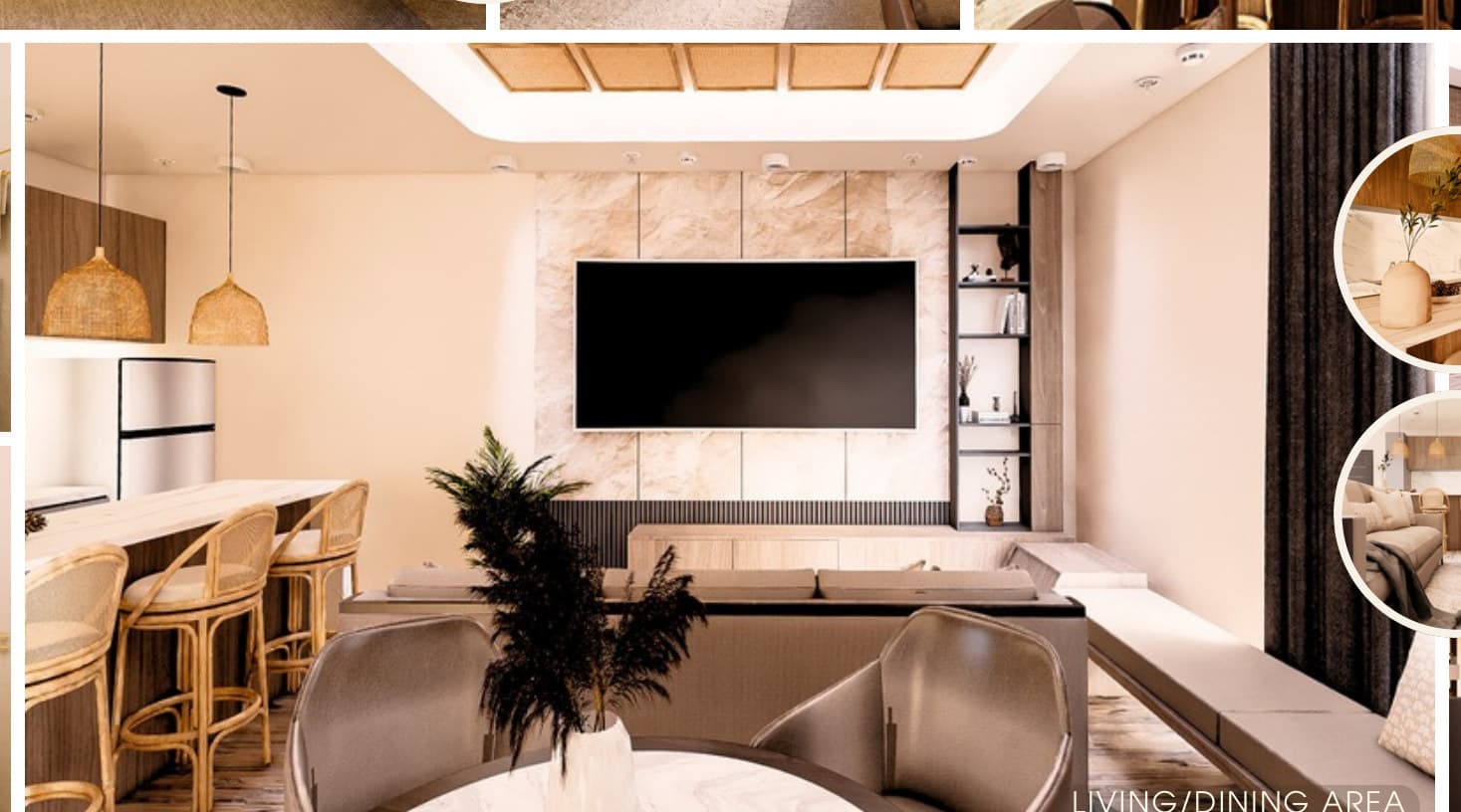 Living and dining area with marble media wall