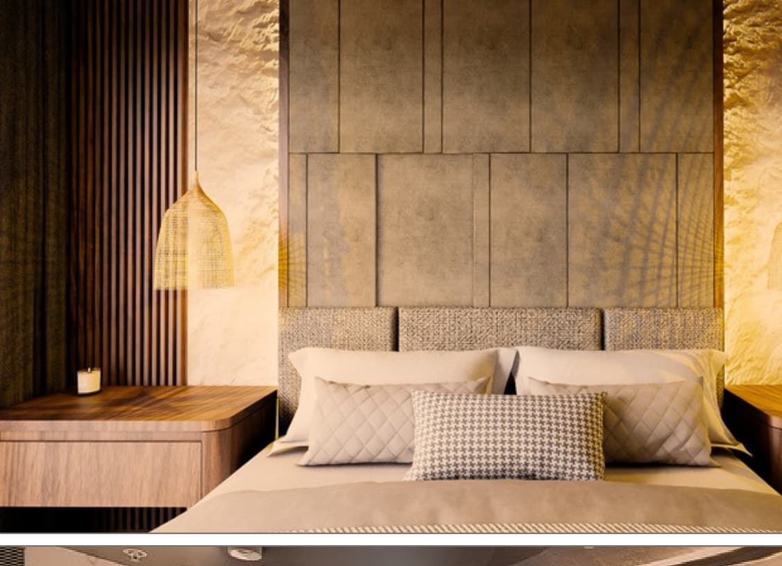 Hotel bedroom with pendant lamps and wooden nightstands