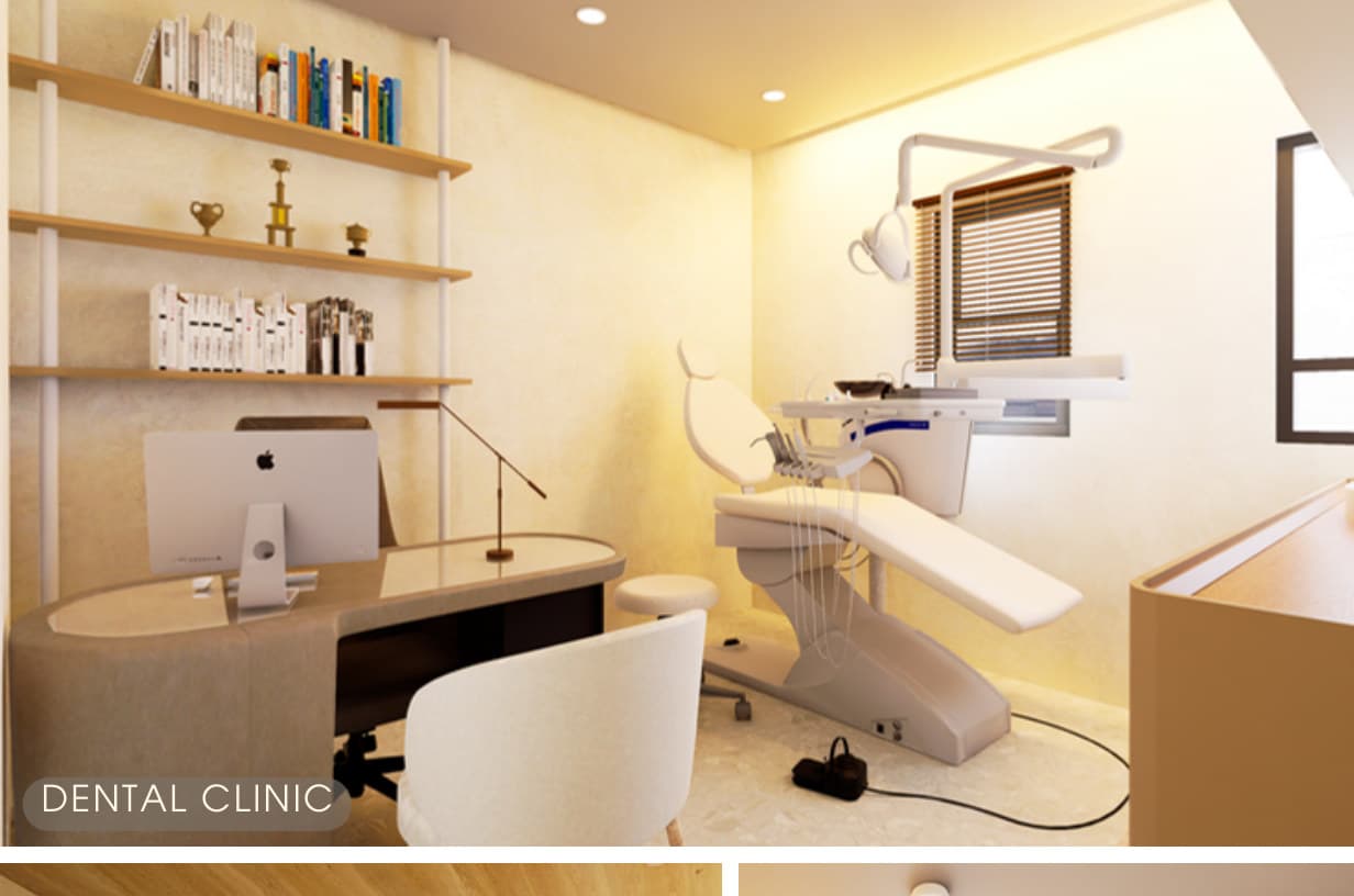 Dental clinic with treatment chair and natural wood cabinetry