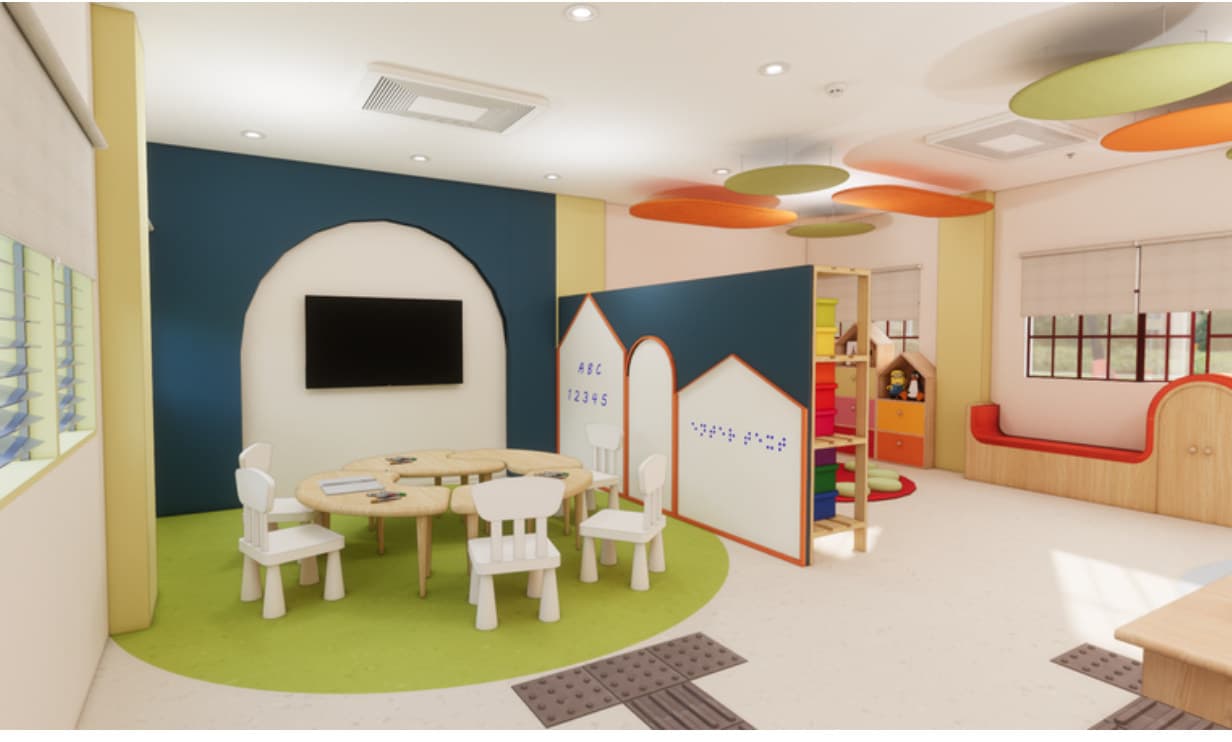 Kindergarten classroom circle table and teaching wall