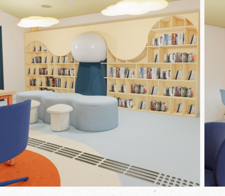 Library reading nook with curved blue seating