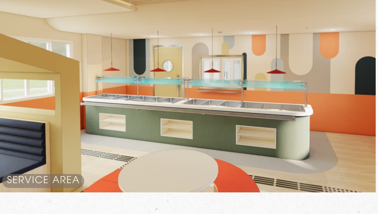 Dining service counter with green and orange palette