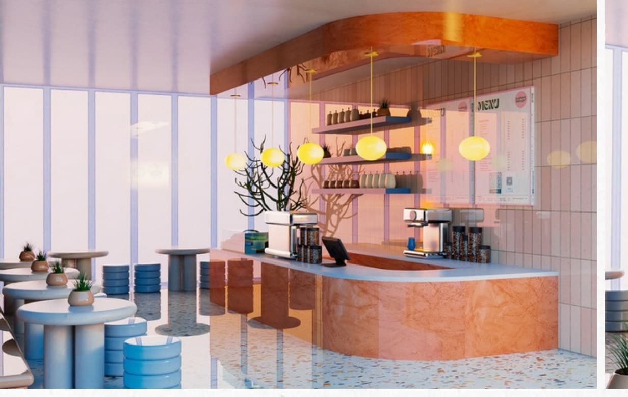 Café seating area with blue cylindrical stools