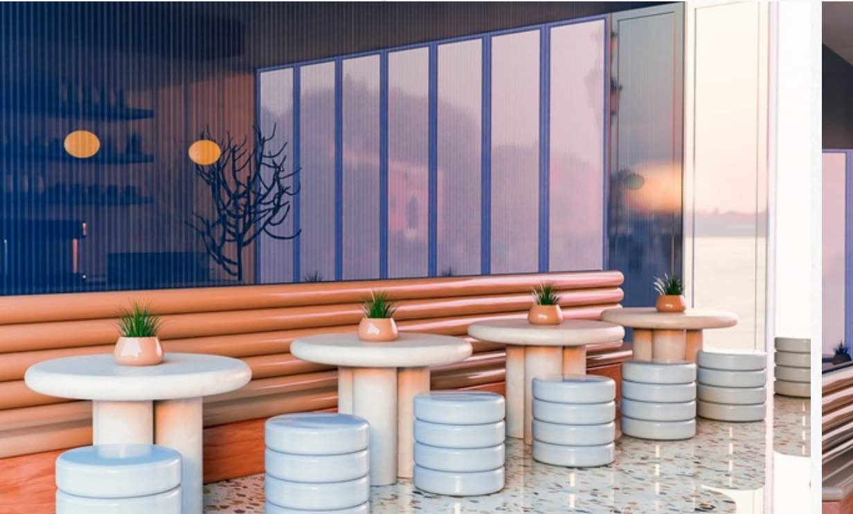 Café lounge with tubular banquette seating