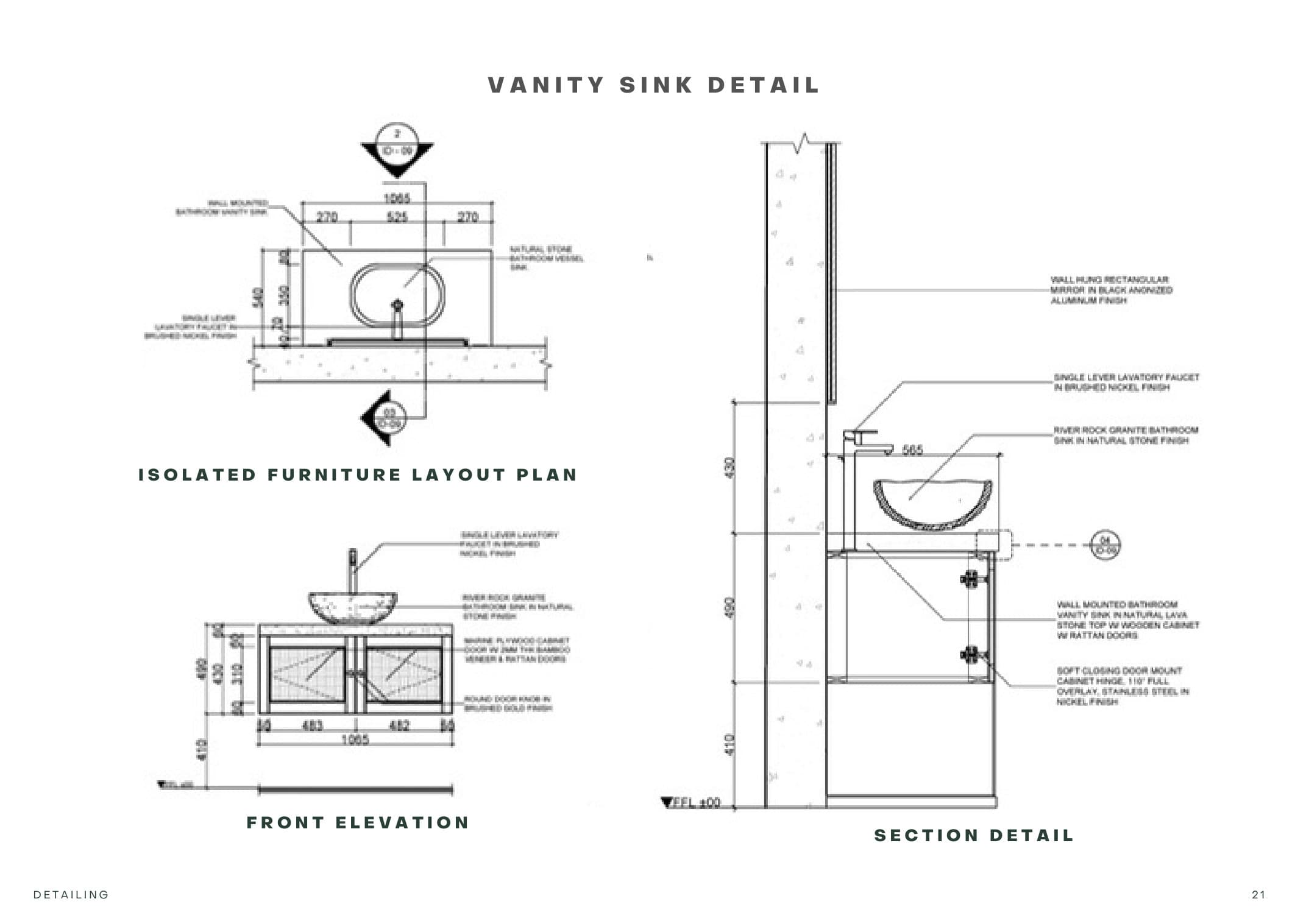 Vanity sink detail drawings and section elevations